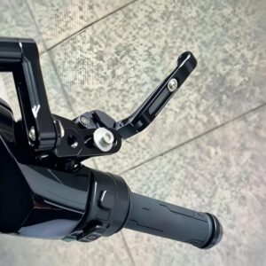 CNC brake lever for Segway E200P Niu ZEEHO electric moped showing 6 position adjustable reach settings and foldable anti-break hinge mechanism detail
