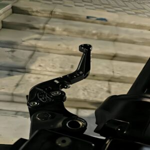 Close up view of CNC aluminum brake lever for Segway E200P Niu ZEEHO electric moped installed on handlebar showing direct bolt-on fitment
