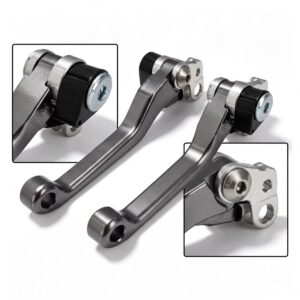 CNC folding brake lever pivot hinge detail for Sur-Ron Light Bee, showing foldable crash-proof mechanism