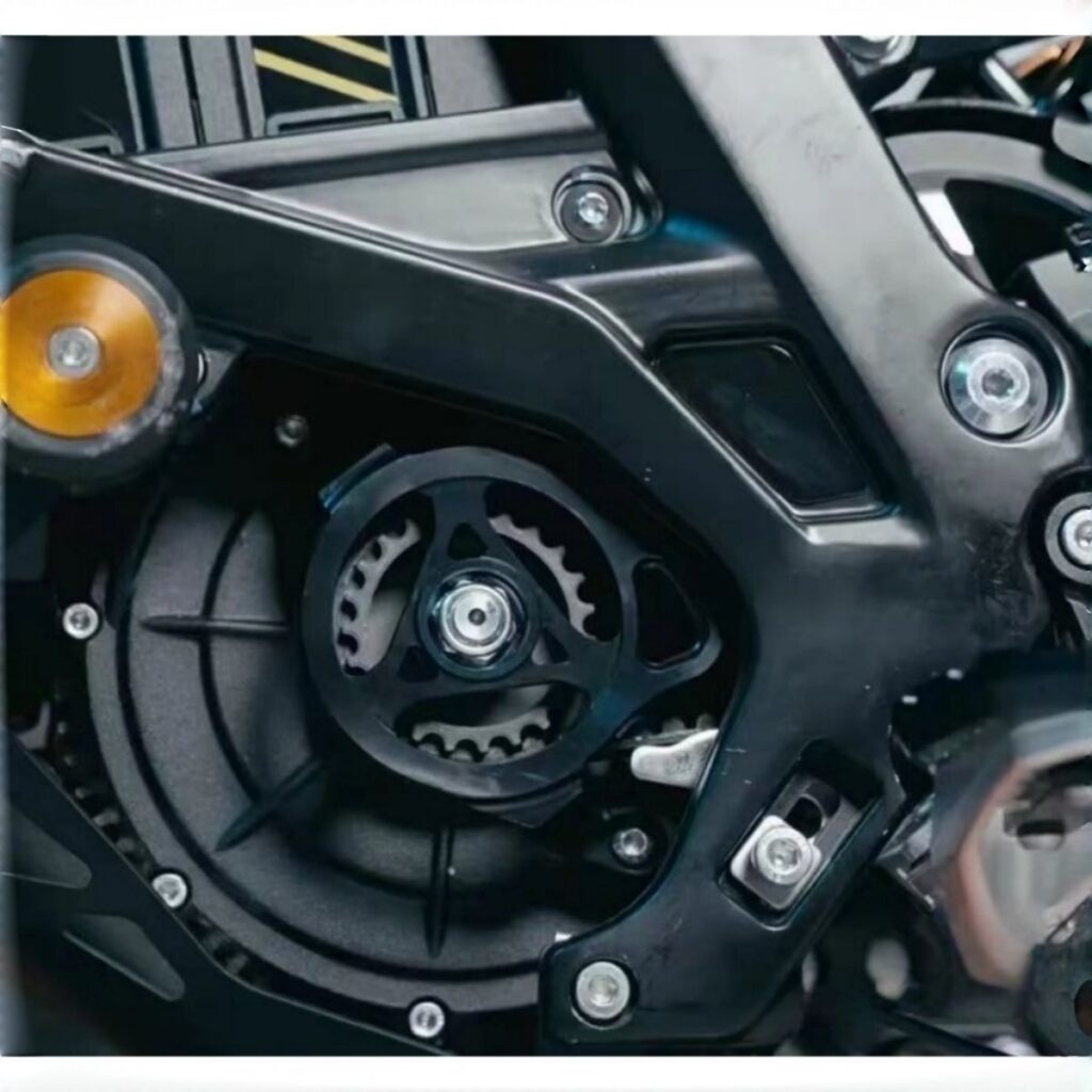 CNC aluminum side motor cover installed on Sur-Ron Light Bee X, direct bolt-on fitment, real installed view